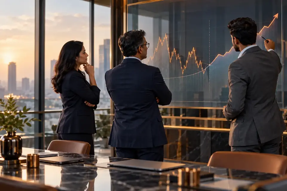 Diverse leadership team reviewing an unstable graph changing into a steady growth line